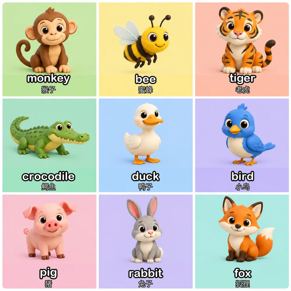 A nine-cell vocabulary sheet with clay-style animals on coloured backgrounds and program-overlaid English and Chinese labels